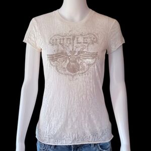 Vintage Hurley Y2K Burnout Graphic Tee | Winged Guitar Damask